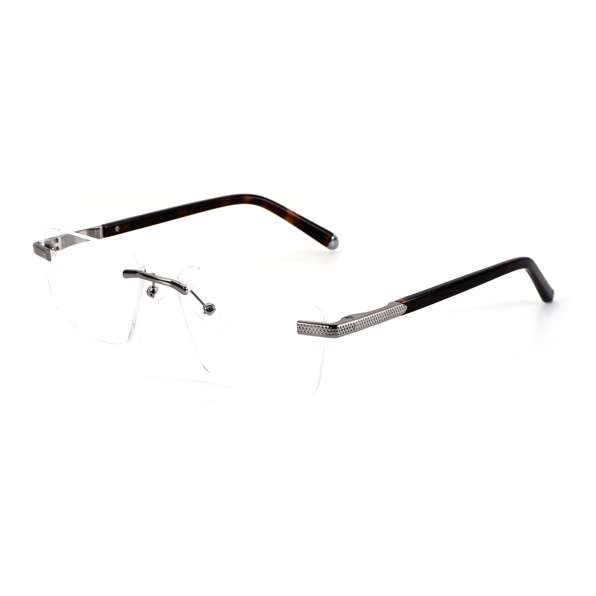 ZENOTTIC Frankie rimless eyeglasses with clear lenses, tortoiseshell temples, and textured metal hinge details.