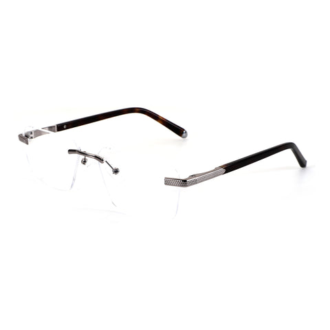 ZENOTTIC Frankie rimless eyeglasses with clear lenses, tortoiseshell temples, and textured metal hinge details.