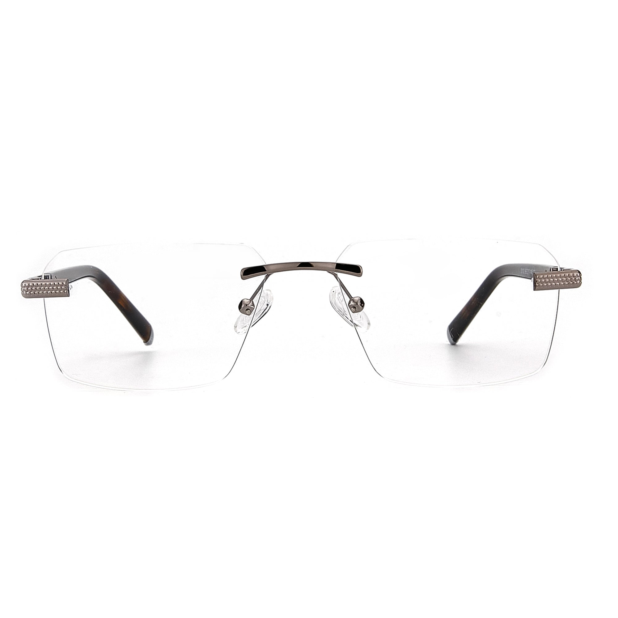 ZENOTTIC Frankie frameless eyeglasses with clear lenses and metal detailing.