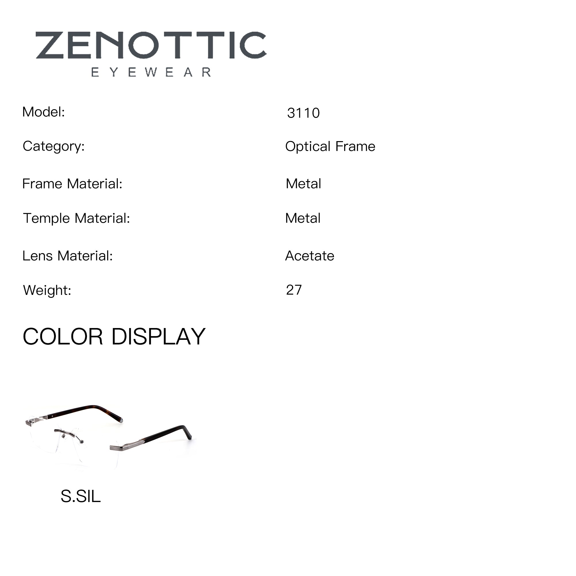 ZENOTTIC Frankie eyeglasses model 3110 S.SIL, metal frame optical glasses with rimless and half-rim styles.