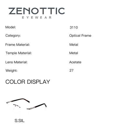 ZENOTTIC Frankie eyeglasses model 3110 S.SIL, metal frame optical glasses with rimless and half-rim styles.