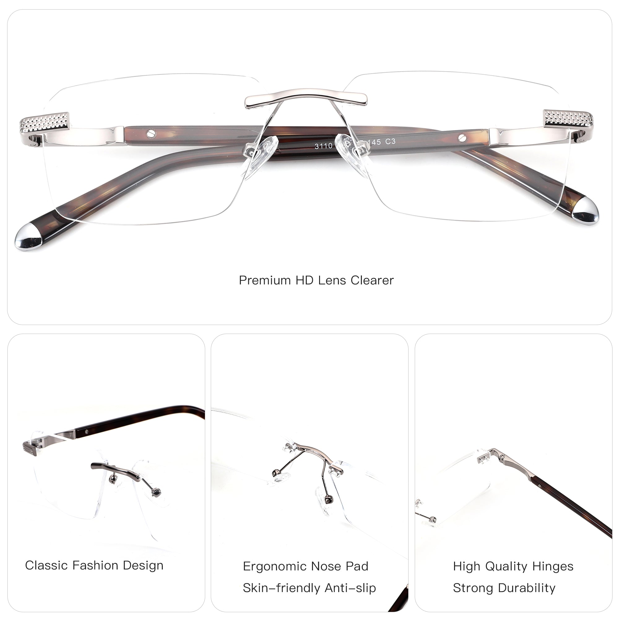ZENOTTIC Frankie rimless square eyeglasses: silver metal bridge & accents, tortoiseshell temples.