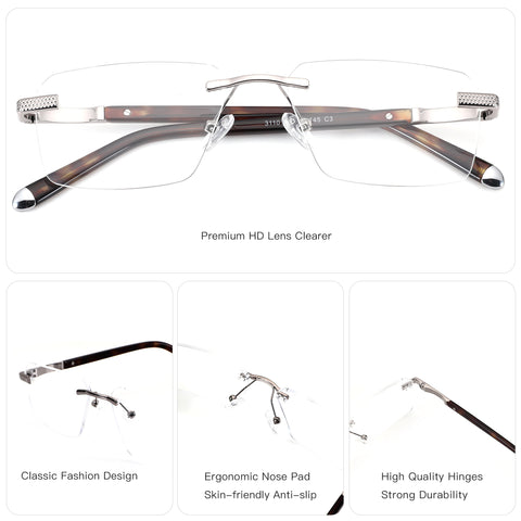 ZENOTTIC Frankie rimless square eyeglasses: silver metal bridge & accents, tortoiseshell temples.