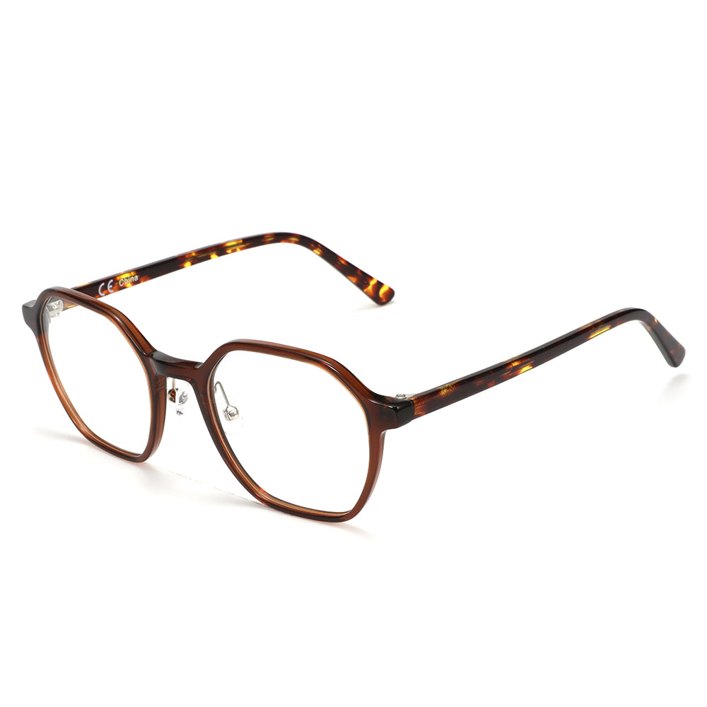 Zenottic Arno Eyeglasses, brown acetate polygon frame, clear lenses, CE China mark, eye frames online
