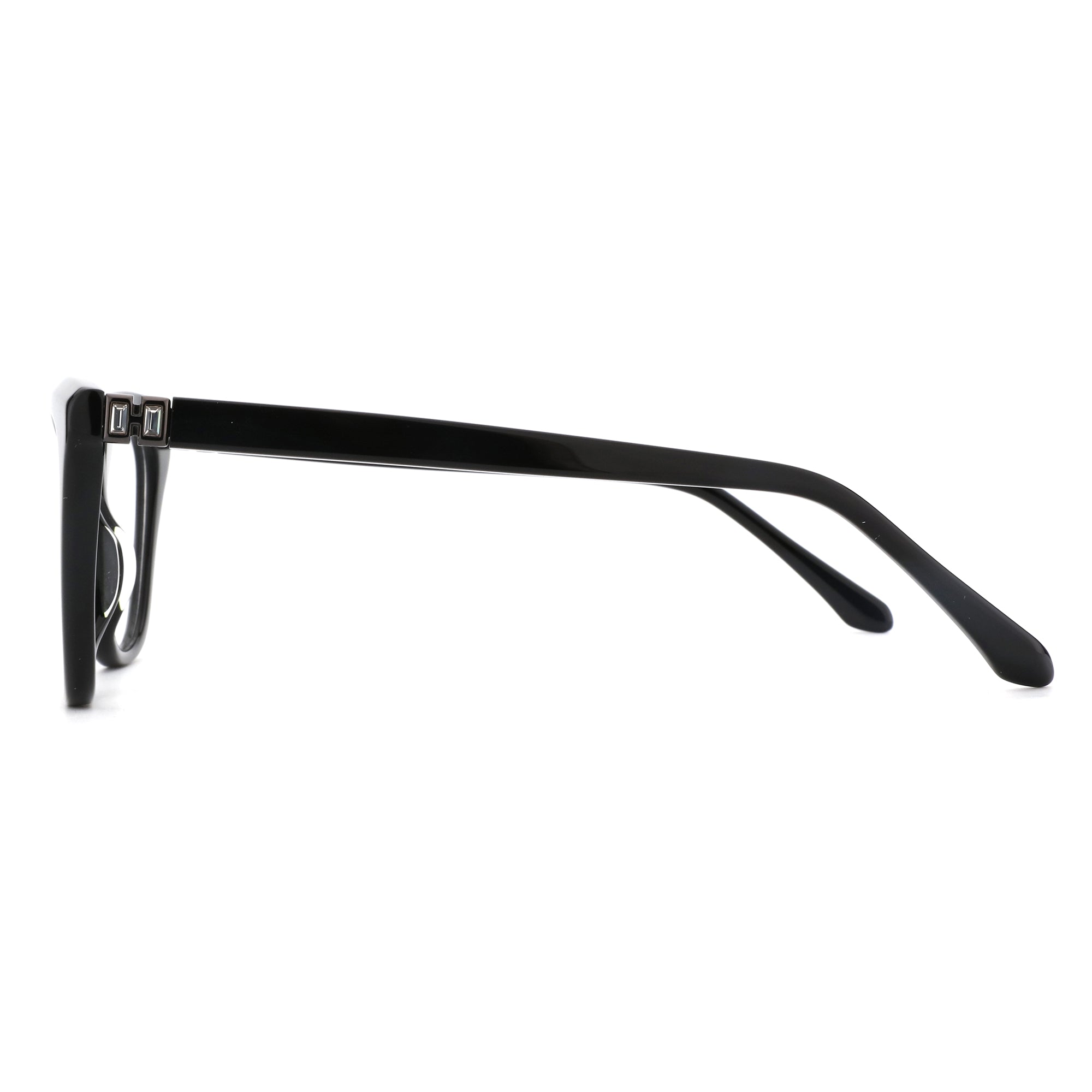ZENOTTIC Charlotte cat eye eyeglasses in black acetate with detailed silver hinge accents.