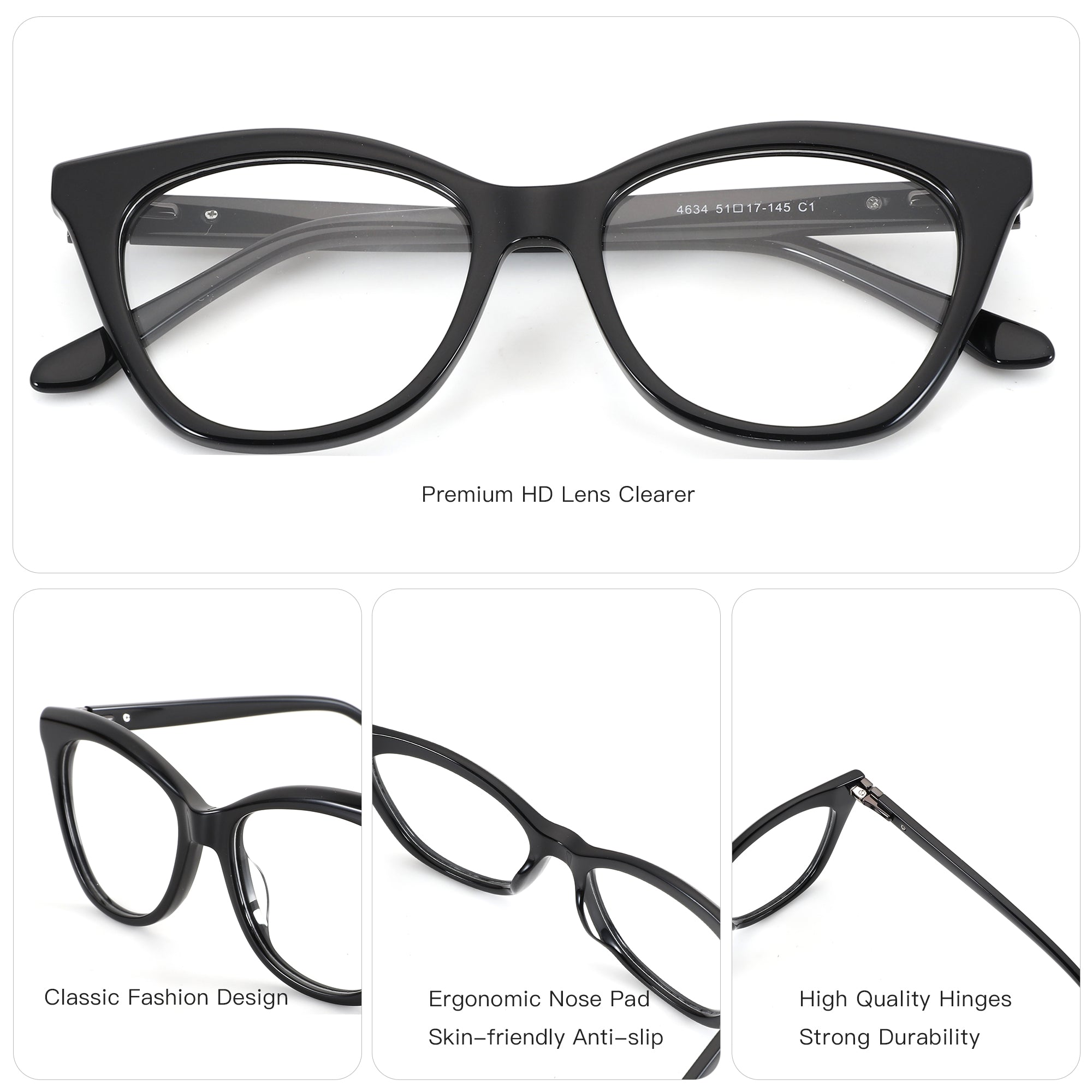 Black ZENOTTIC Charlotte cat-eye acetate eyeglasses. Classic design, ergonomic nose pads, premium HD lenses.