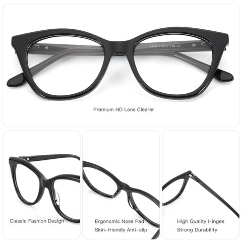 Black ZENOTTIC Charlotte cat-eye acetate eyeglasses. Classic design, ergonomic nose pads, premium HD lenses.
