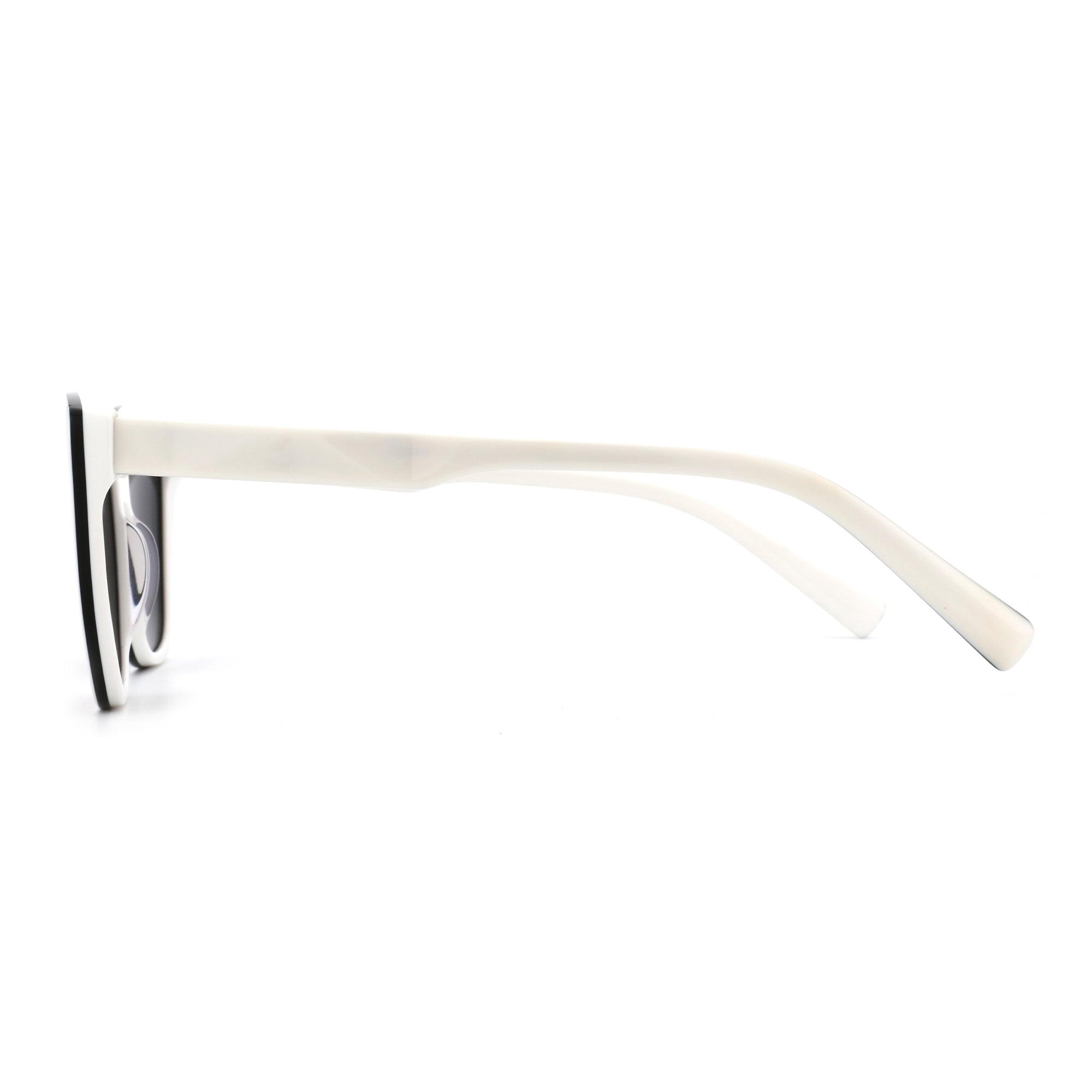 Side view of white acetate Zenottic Suzanne sunglasses with thick black rim and dark gray lenses, product showcase.