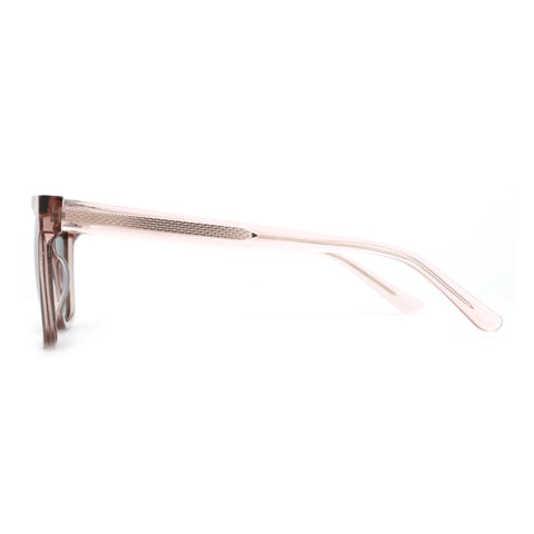 Zenottic Simona sunglasses temple arm in translucent pink acetate with patterned detail.