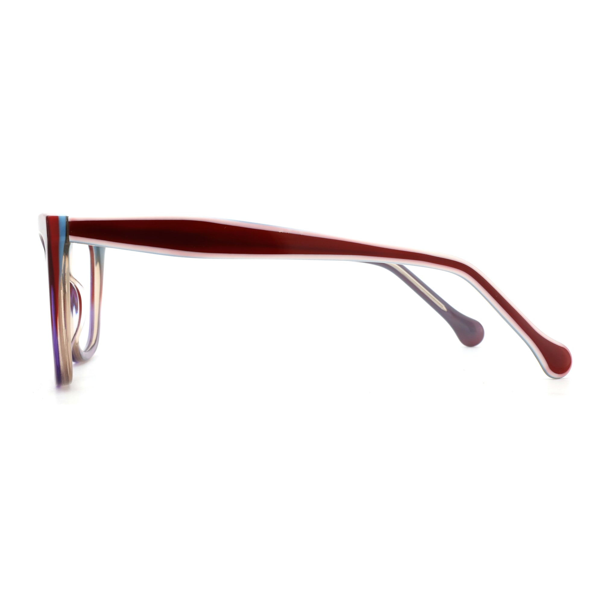Zenottic Hilary eyeglasses feature a square acetate frame with a rich burgundy exterior and subtle blue and white accents.