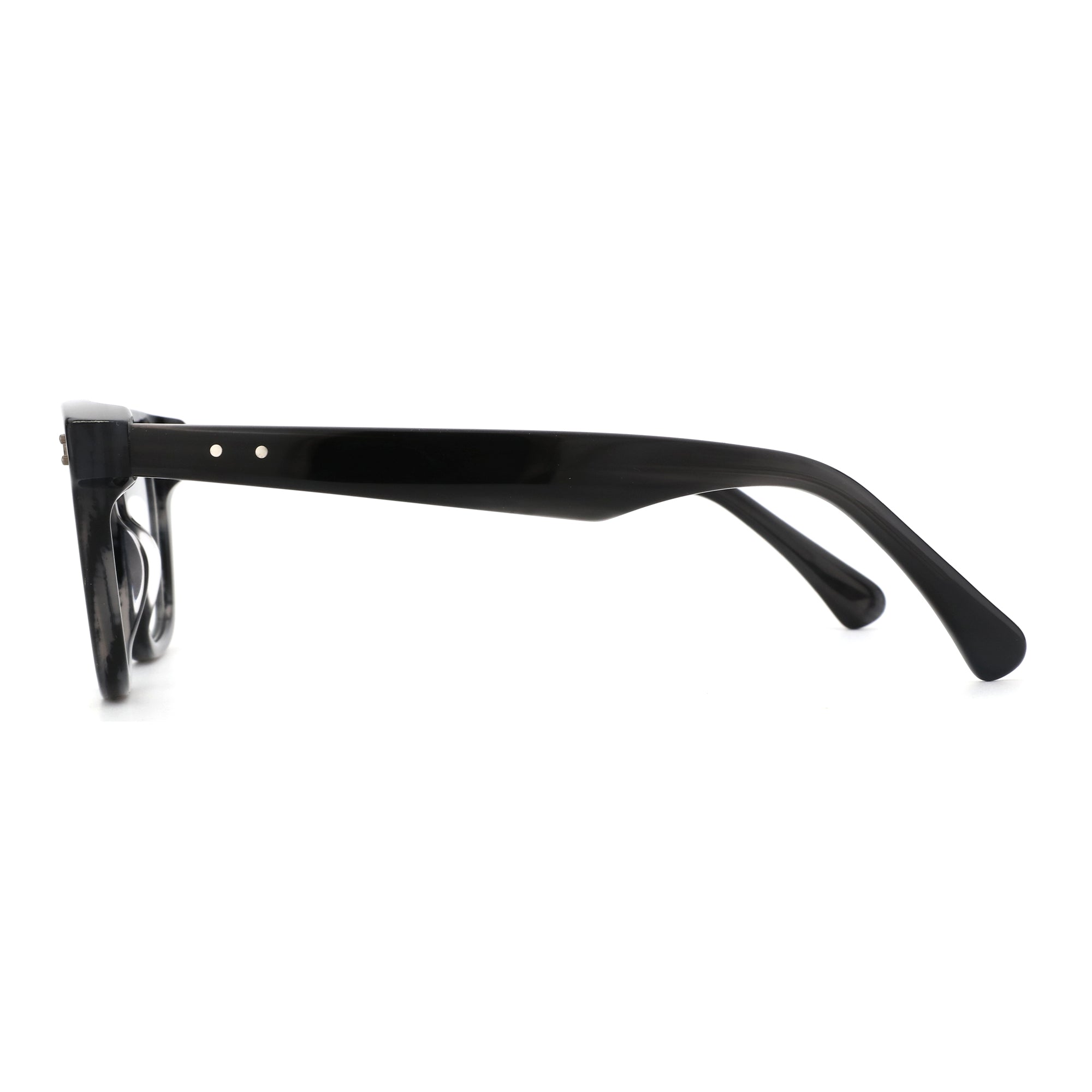 Zenottic black acetate square eyeglasses, side view, clear plastic lenses.