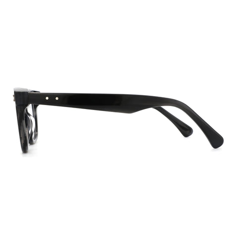 Zenottic black acetate square eyeglasses, side view, clear plastic lenses.
