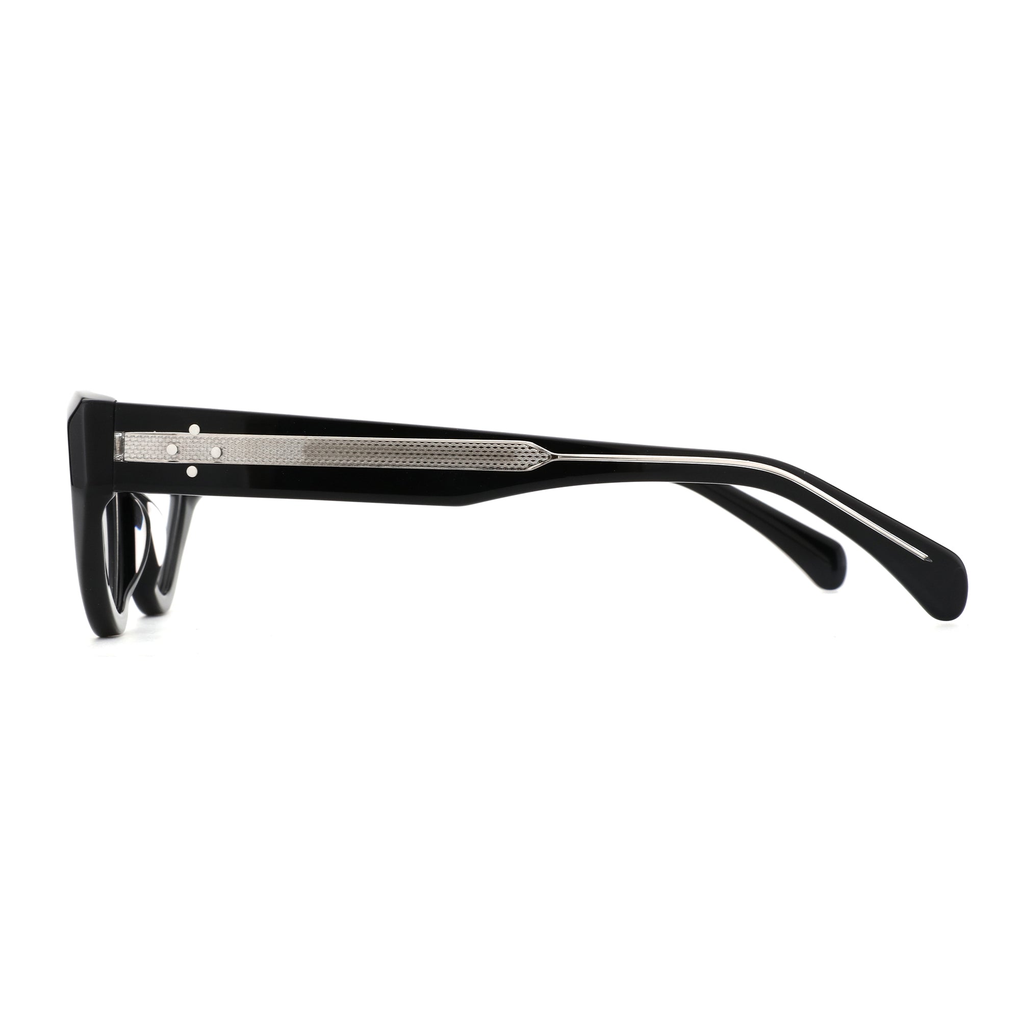 Side view of black Zenottic Elowen eyeglasses with silver textured detailing on the temples.
