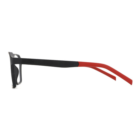 Zenottic Barnett eyeglasses with black frame and red temple arms.