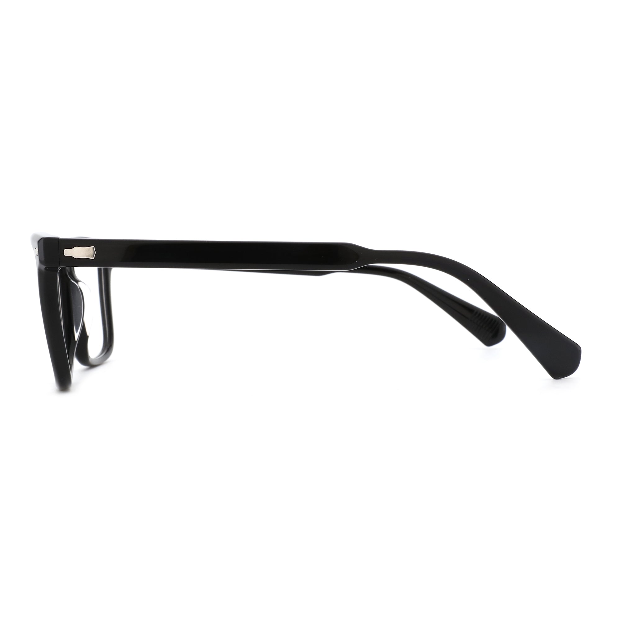 Zenottic black acetate eyeglasses, right temple view with silver hinge detail.