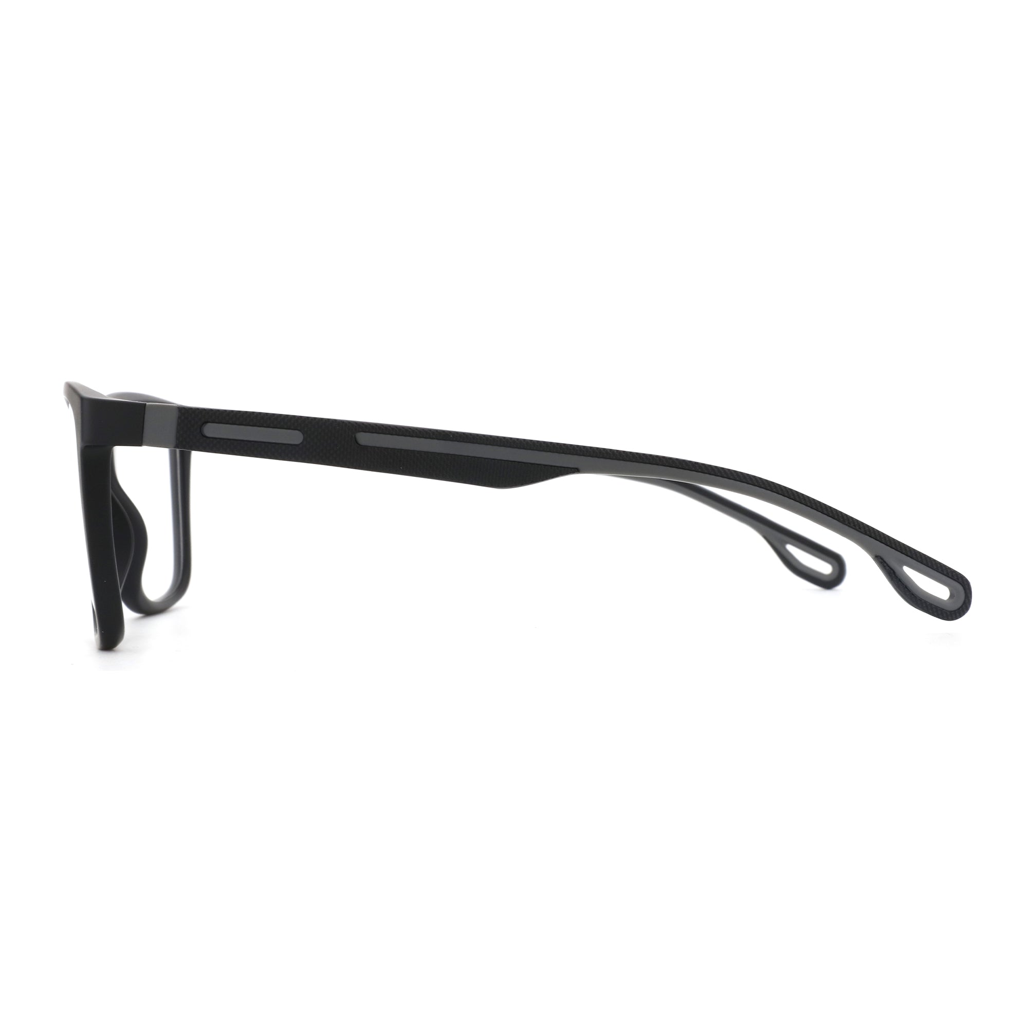 Zenottic Preston eyeglasses in black with textured temple arms and grey accent stripe.