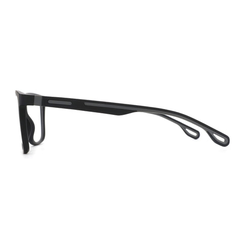 Zenottic Preston eyeglasses in black with textured temple arms and grey accent stripe.