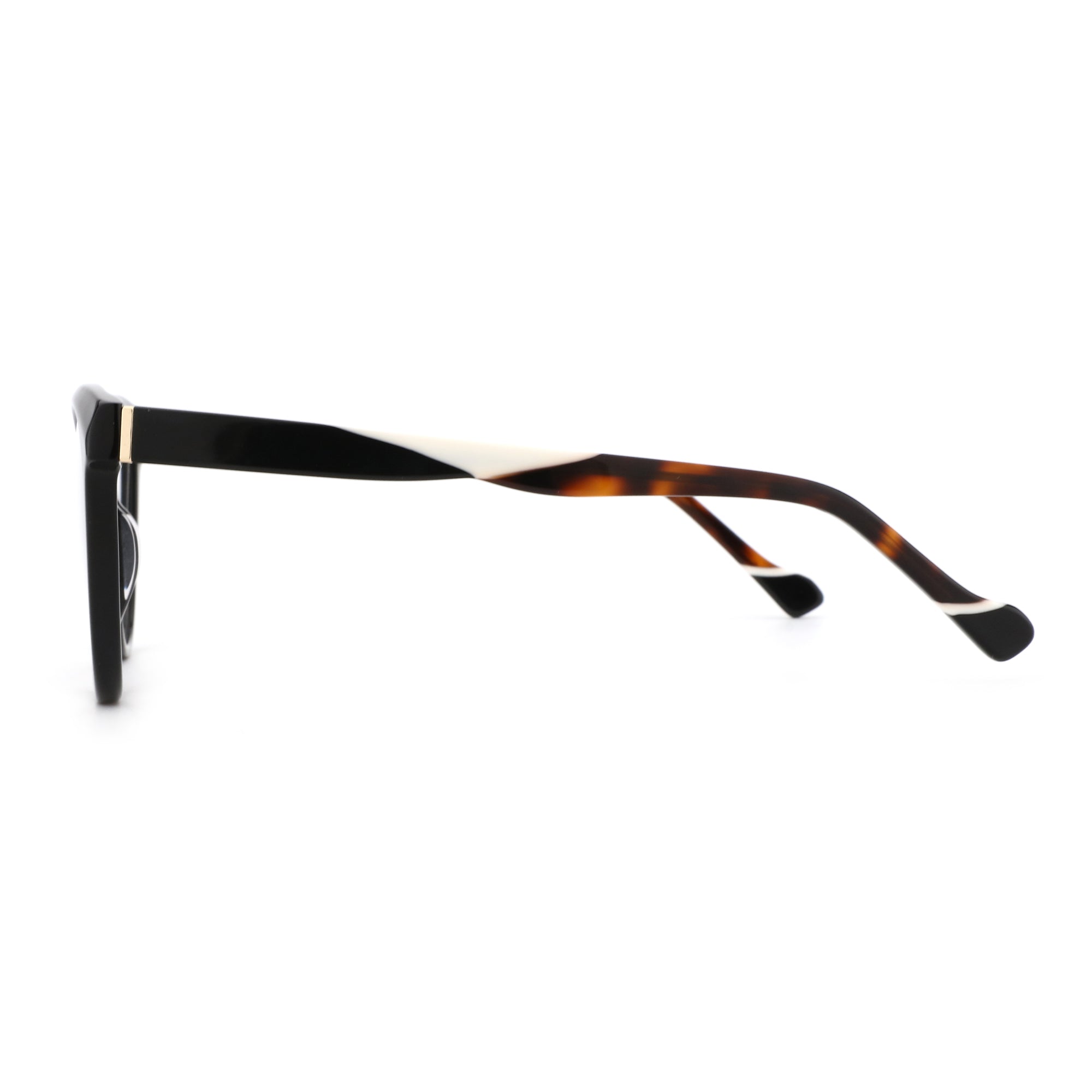 Zenottic Isolde eyeglasses with black and tortoise acetate frames, featuring a unique white accent on the temple.