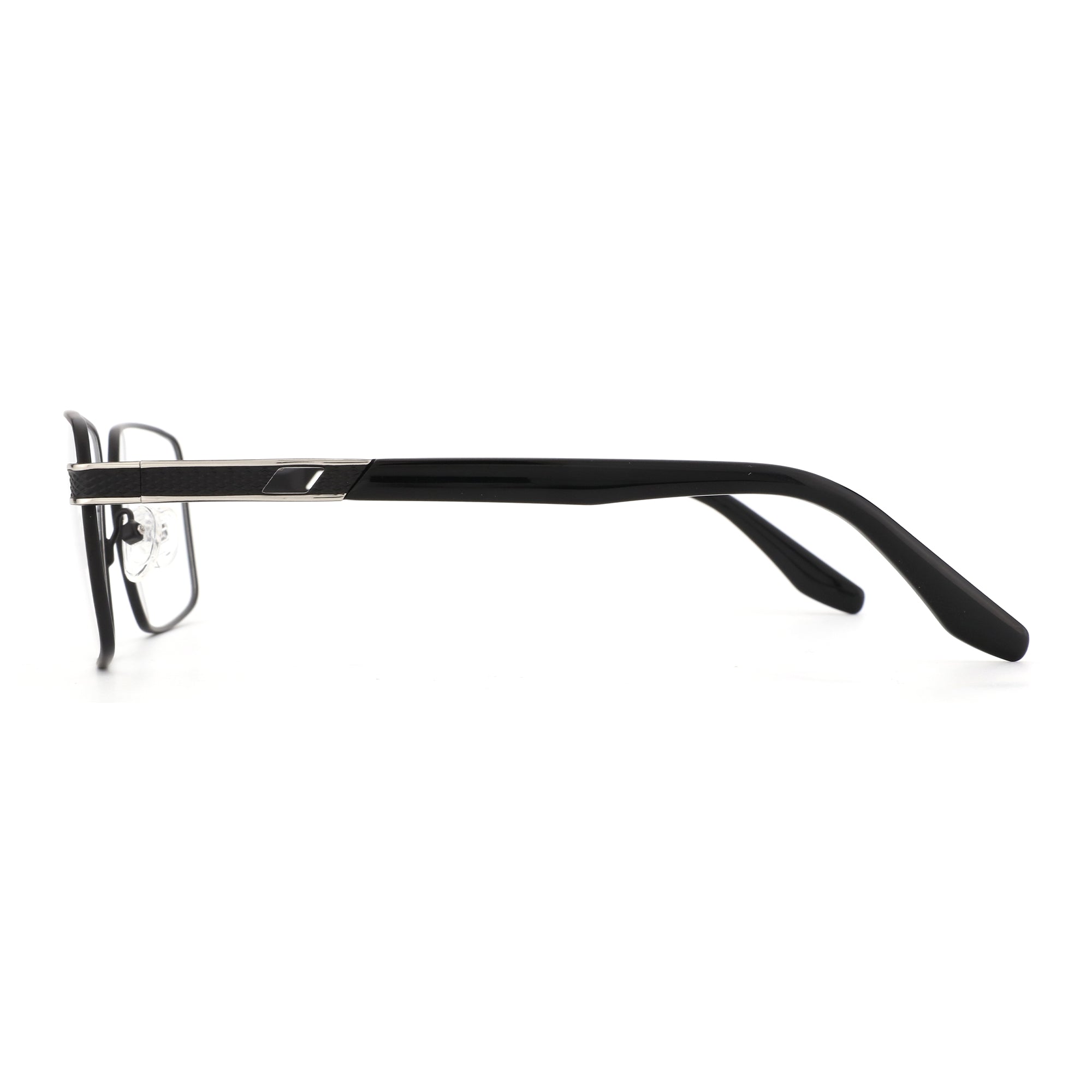 Zenottic Vincent black metal eyeglasses with silver accents on temples.