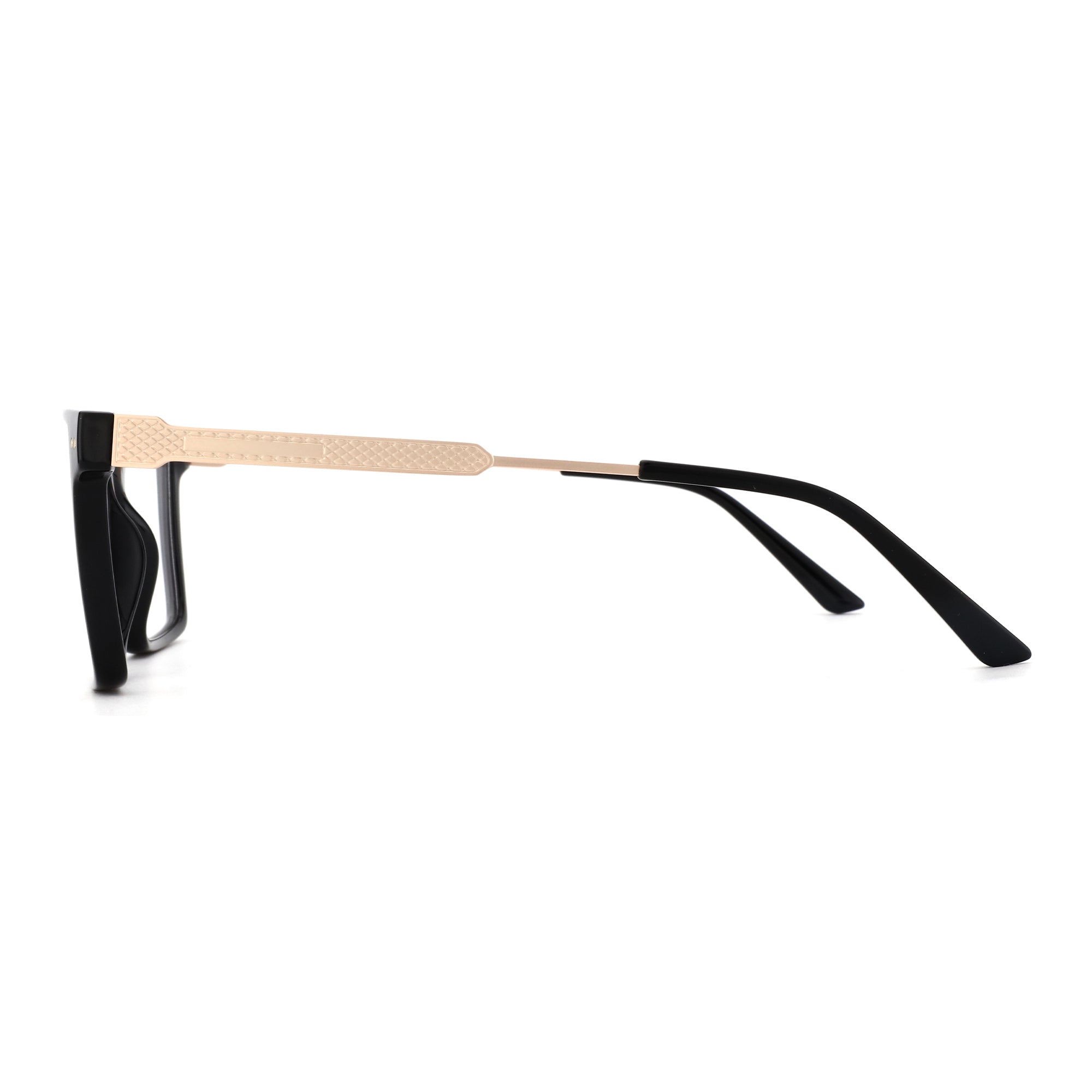 Zenottic Chris eyeglasses in black acetate with gold diamond-patterned temples.