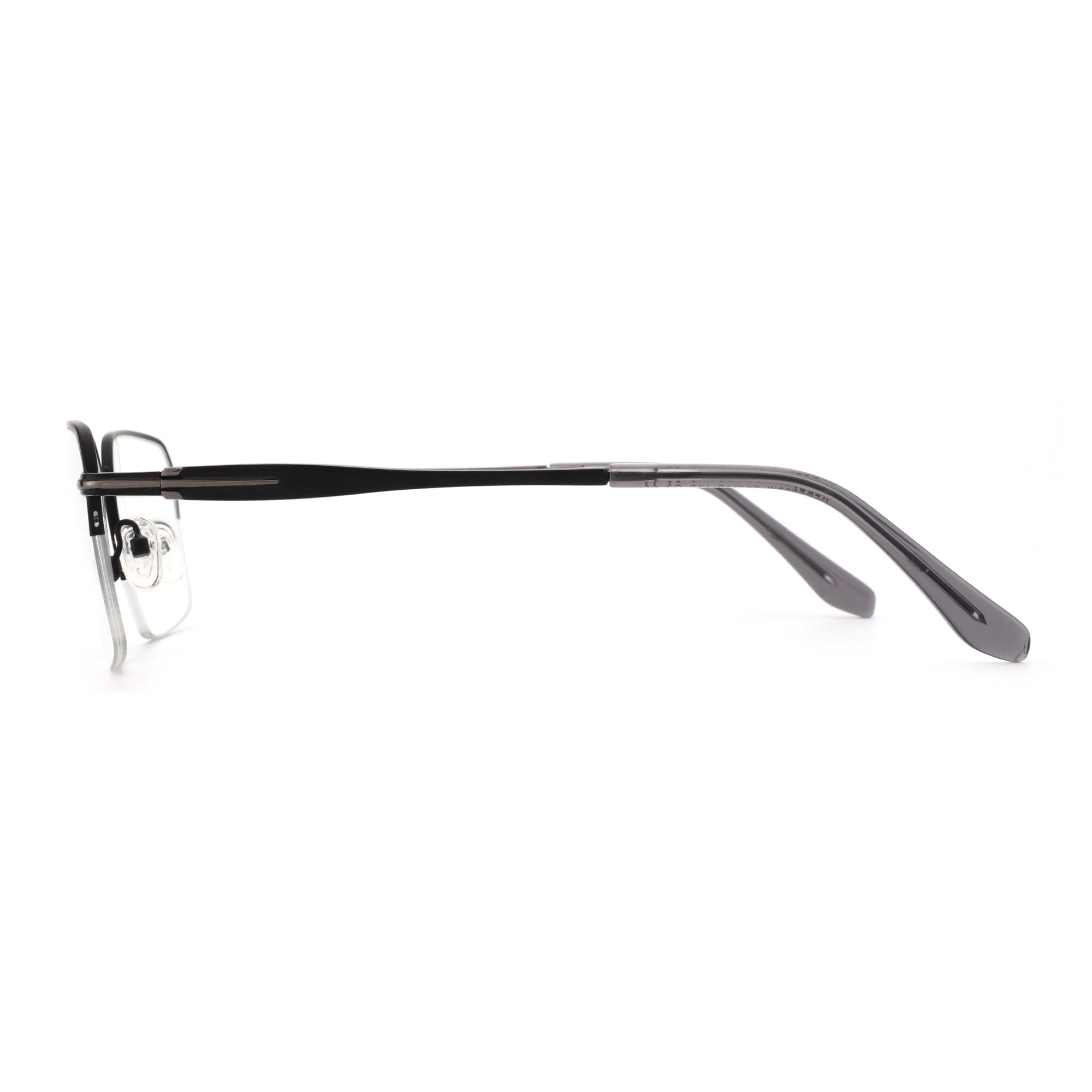 Zenottic Barlow eyeglasses in black metal frame with clear demo lenses, viewed from the side.