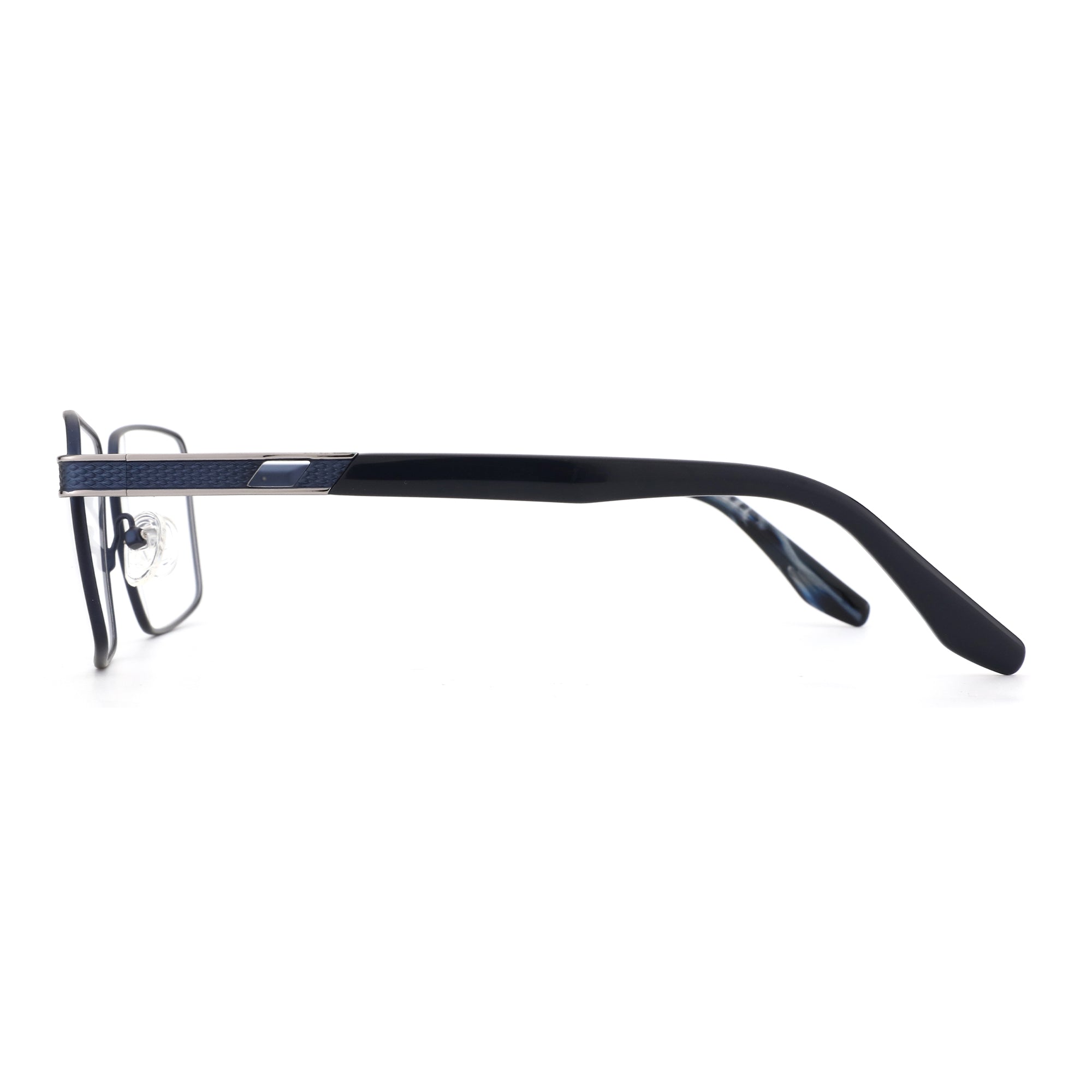Zenottic Vincent eyeglasses with black metal frame, textured blue detail on temples, and clear nose pads.
