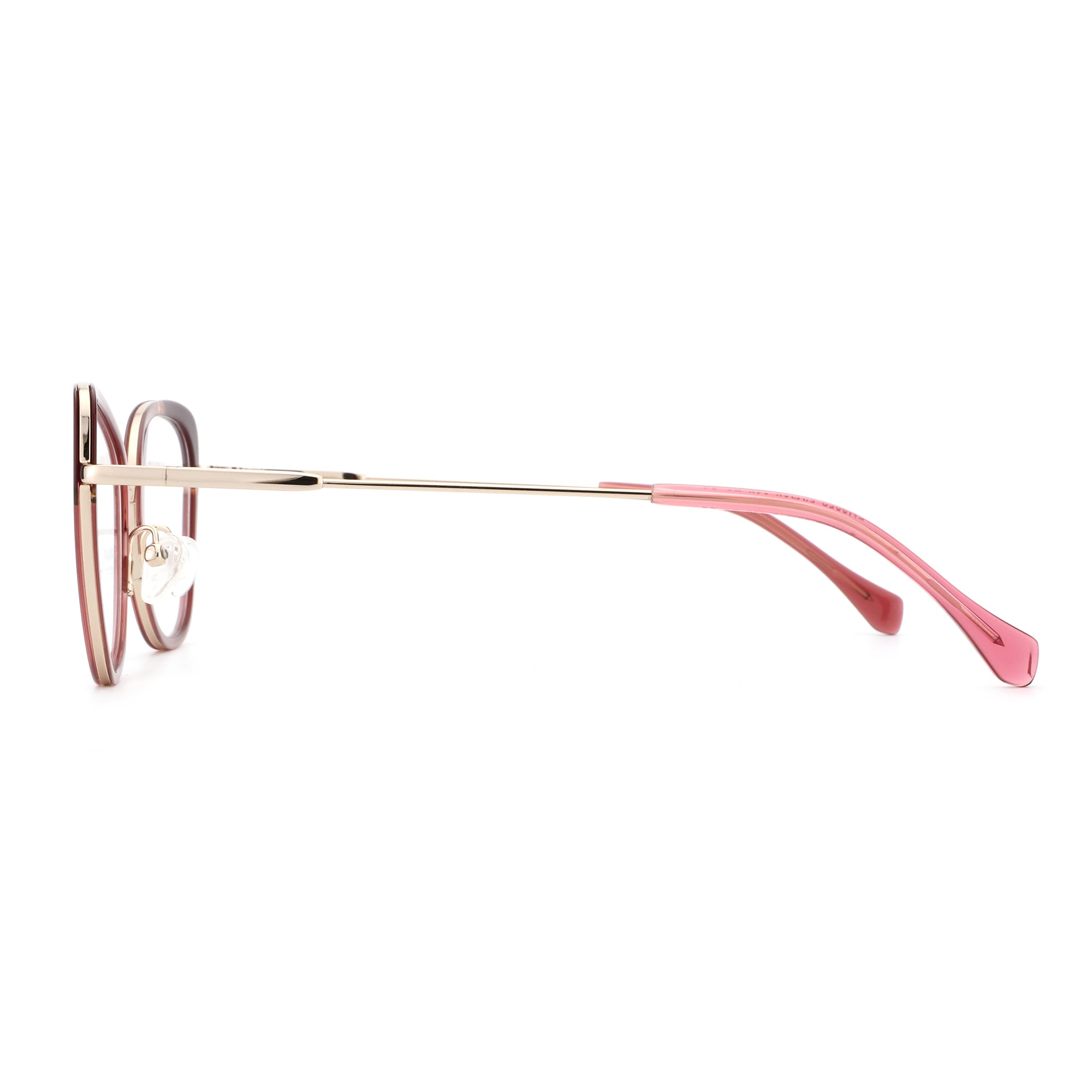 Zenottic Paloma cat-eye eyeglasses with pink acetate temples and gold metal arms.