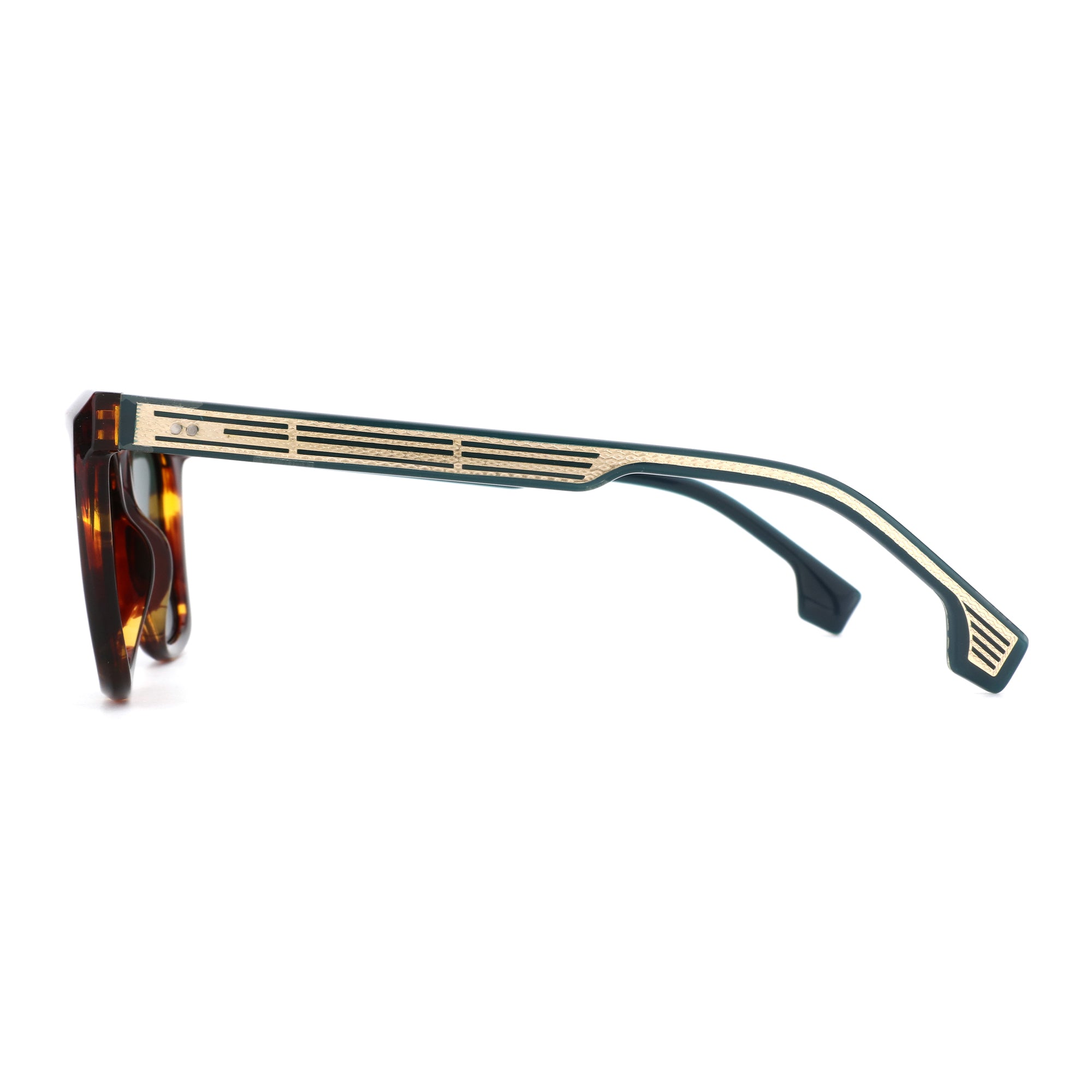 Zenottic Augustine sunglasses with tortoise shell frames and dark green temples with gold stripe detail.