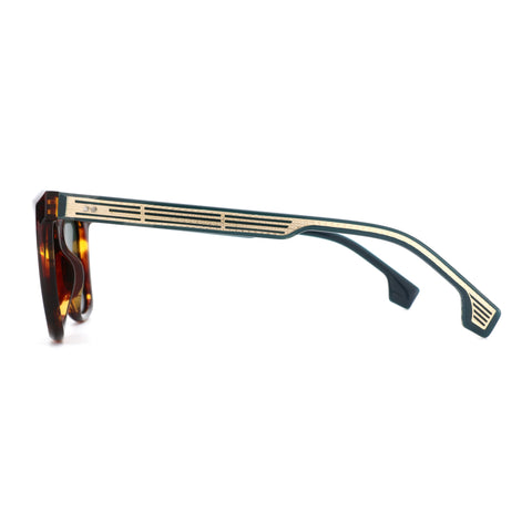 Zenottic Augustine sunglasses with tortoise shell frames and dark green temples with gold stripe detail.