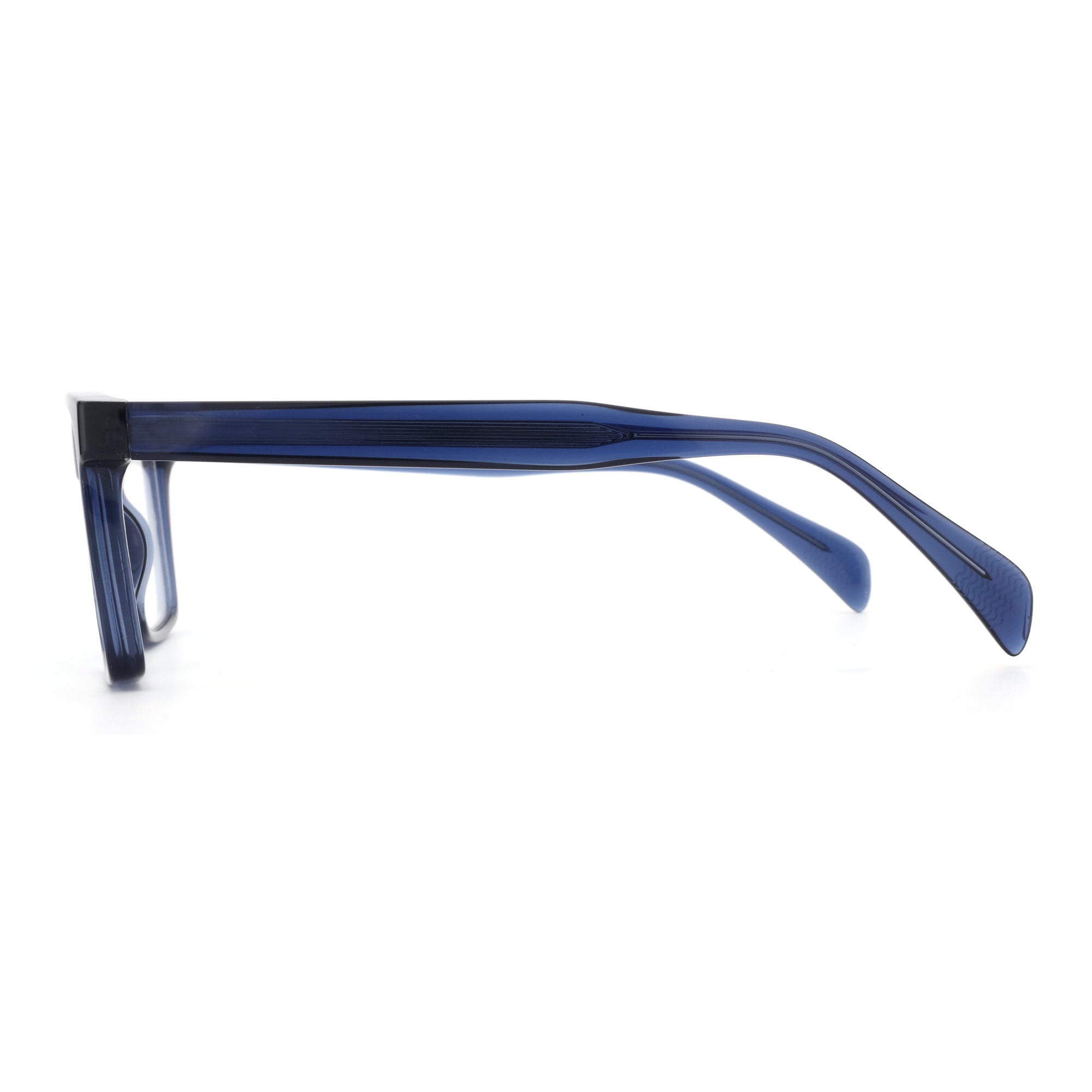 Zenottic Byron blue acetate eyeglasses, side view with ribbed temple detailing.