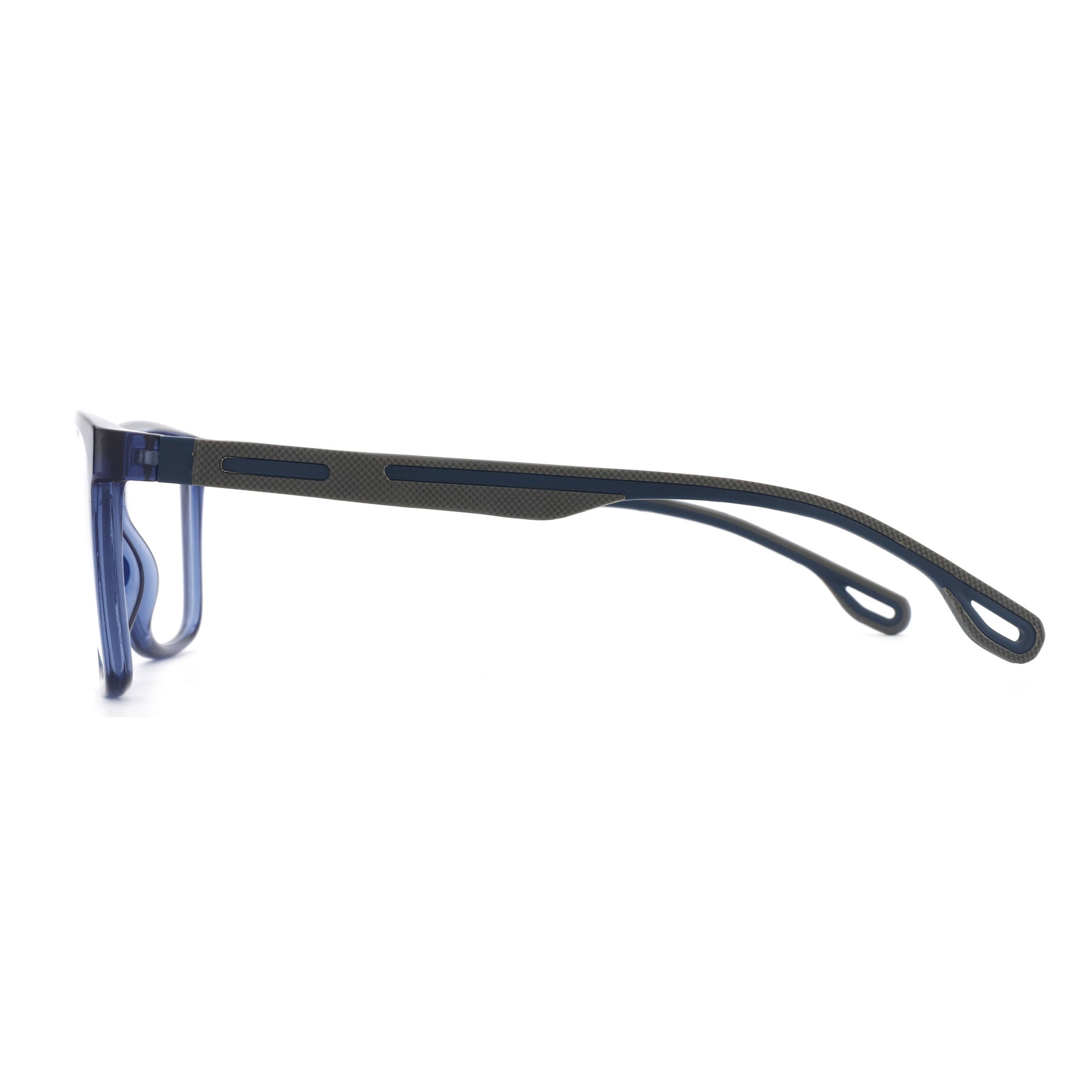 Zenottic Preston eyeglasses in blue with textured dark gray temples and dark blue accents.