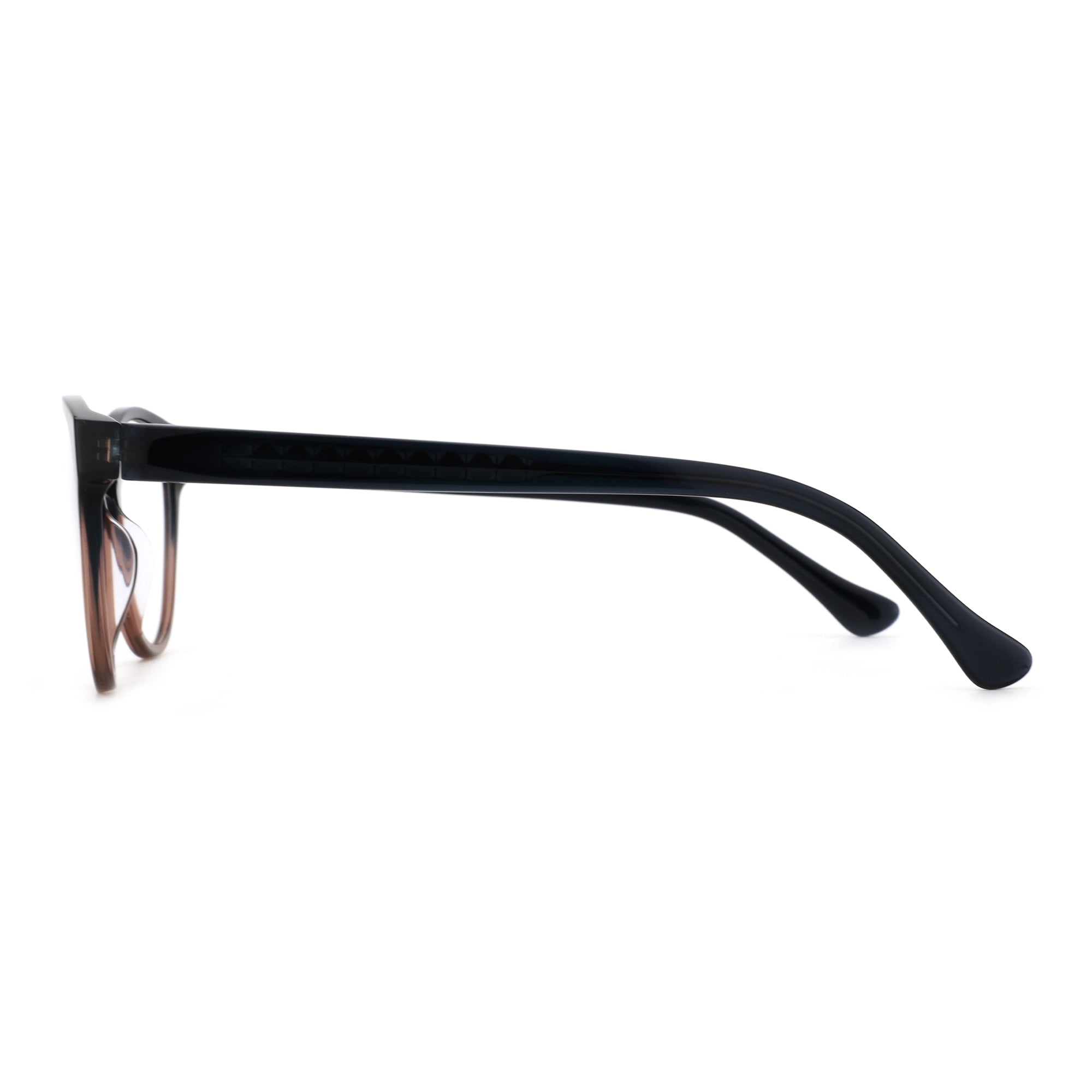 Zenottic Thalia eyeglasses in brown and black acetate with a subtle textured detail on the temple.