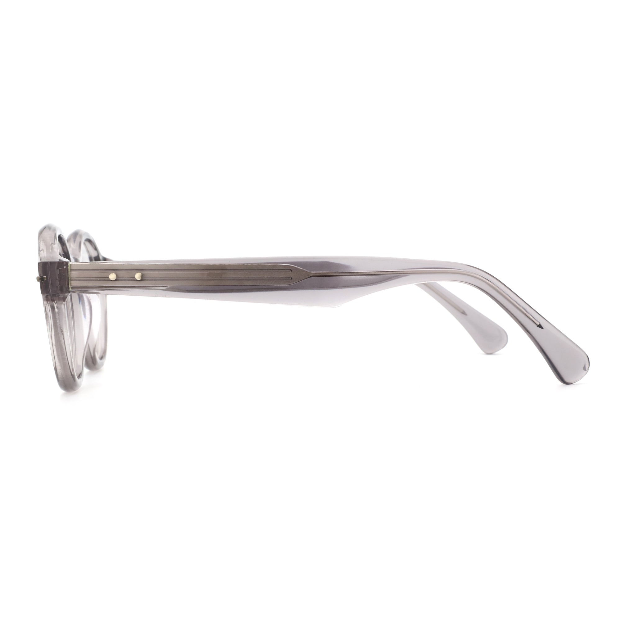 Zenottic Devon eyeglasses with grey acetate frame, shown from the side.