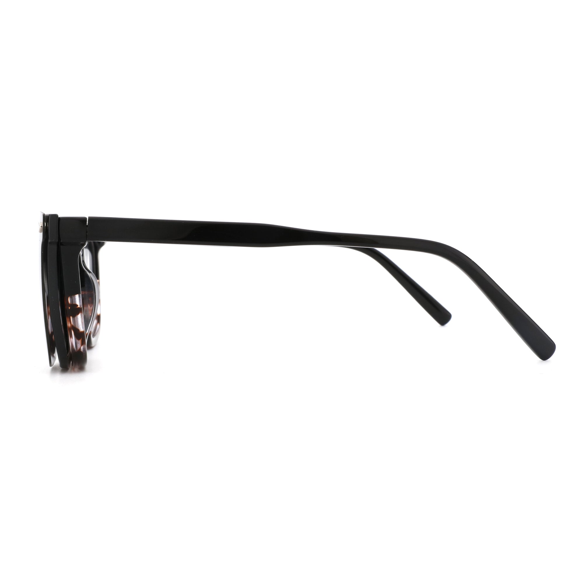 Zenottic Dave sunglasses side view: black acetate frame with tortoise interior, dark lenses, square design. Product page.