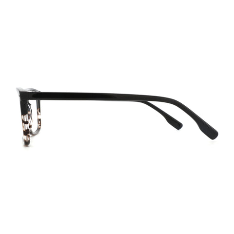Zenottic Wiley eyeglasses: black full-rim frame with tortoise shell detail on inner rim and temples, side view.