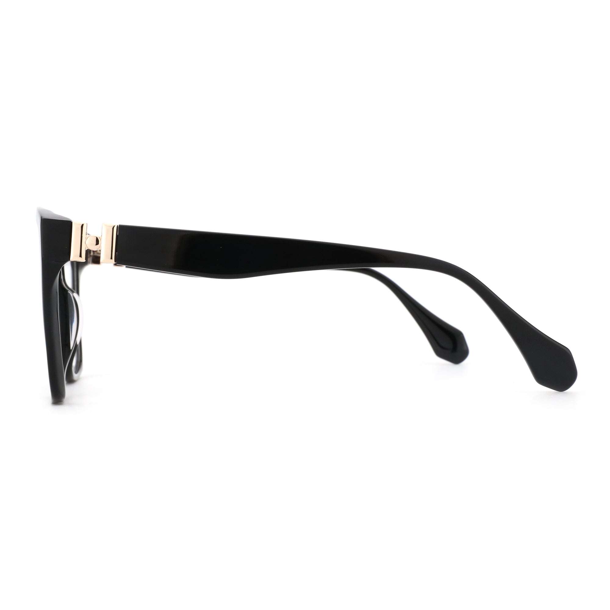Zenottic Arden black acetate eyeglasses with gold hinge detail, side view.