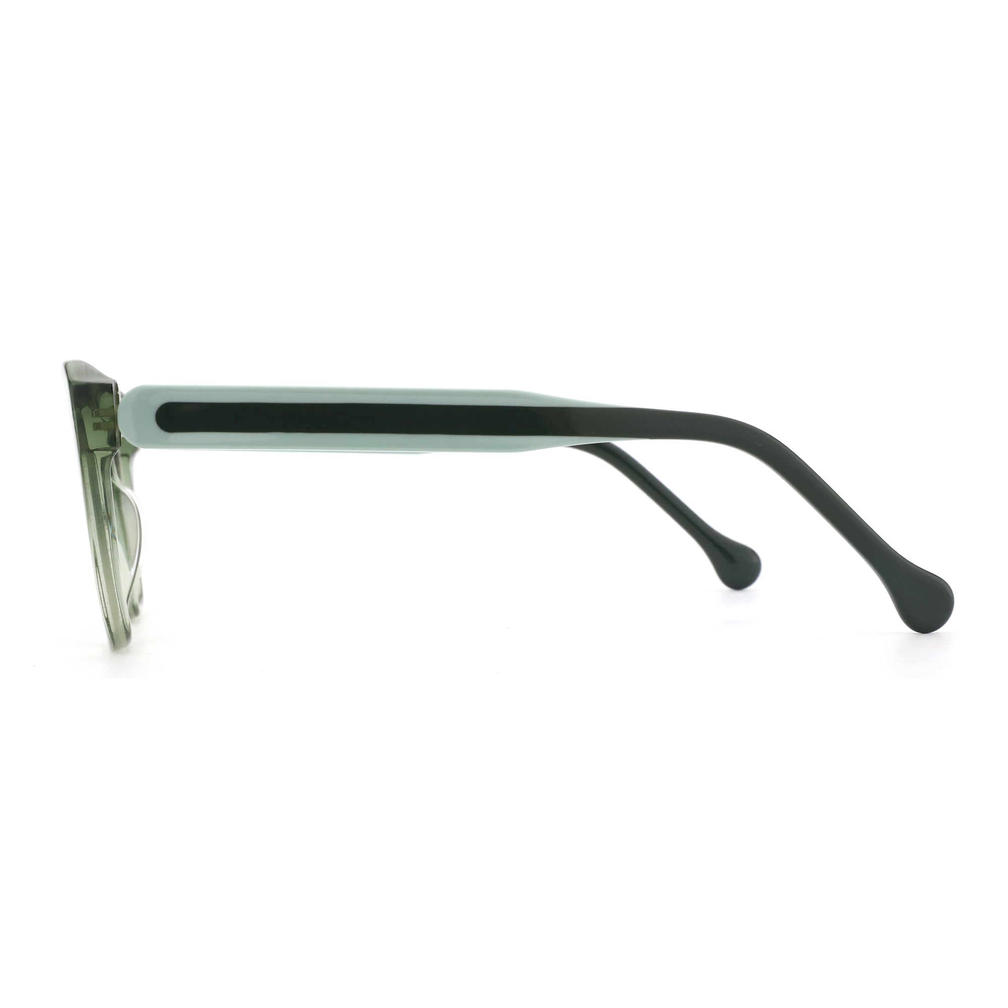Zenottic Eyeglasses Heloise: translucent green acetate cat eye frames with blue and black temple accents.