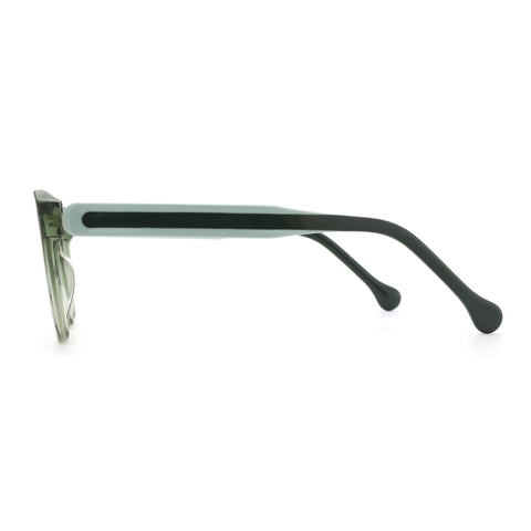 Zenottic Eyeglasses Heloise: translucent green acetate cat eye frames with blue and black temple accents.