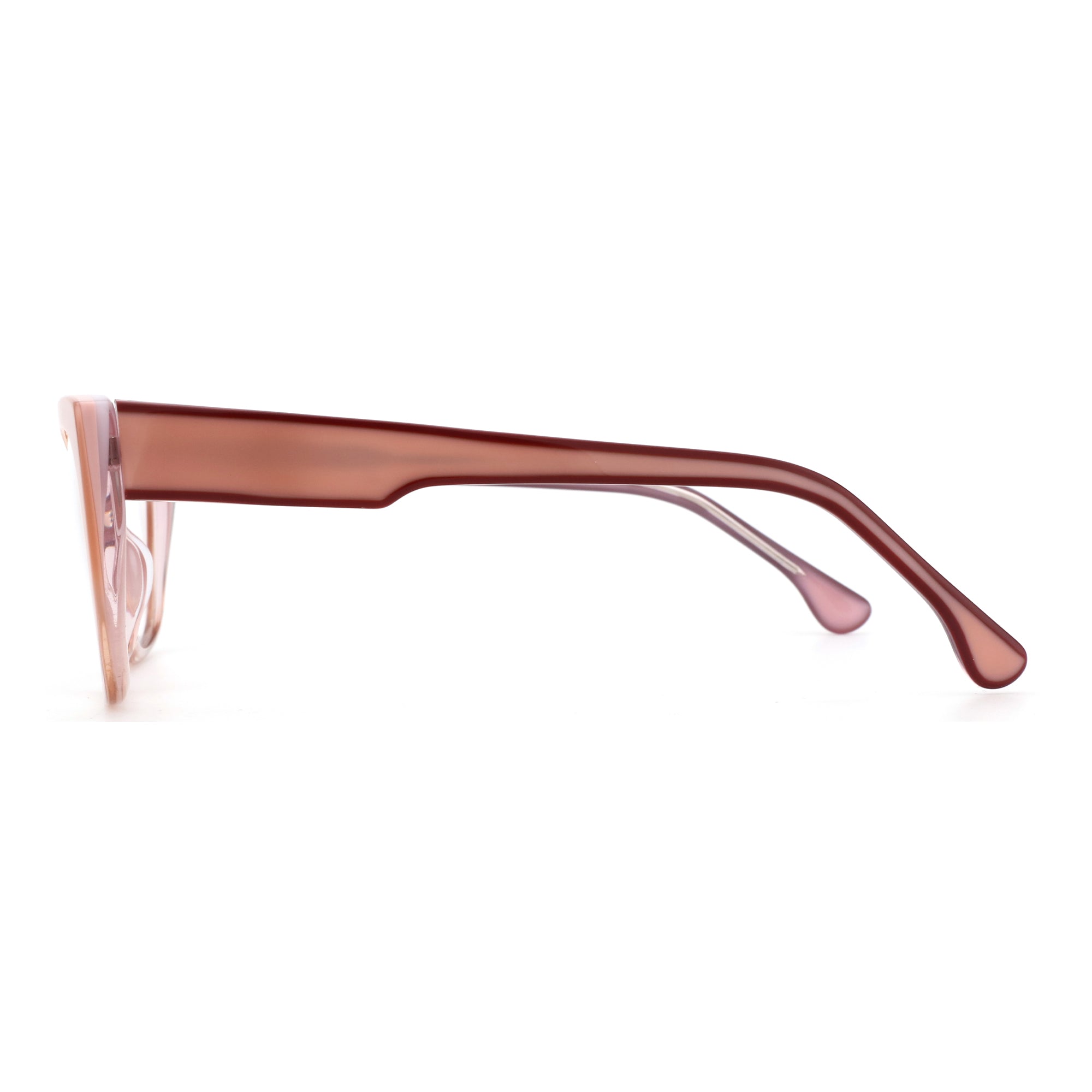 Zenottic Mignon cat-eye eyeglasses in translucent pink acetate with brown temples.