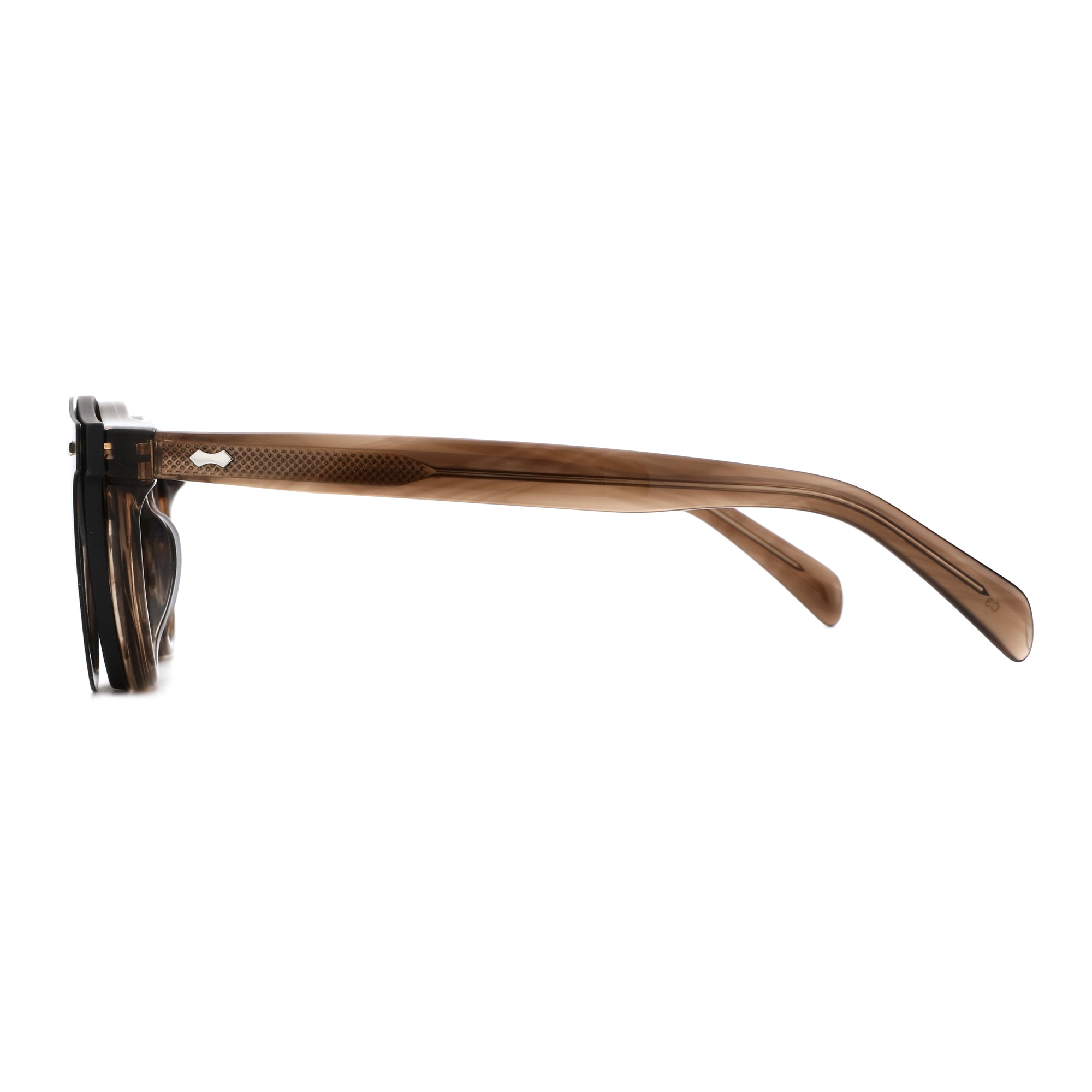Zenottic Penny translucent brown acetate glasses, side profile with silver temple accents and subtle texture.