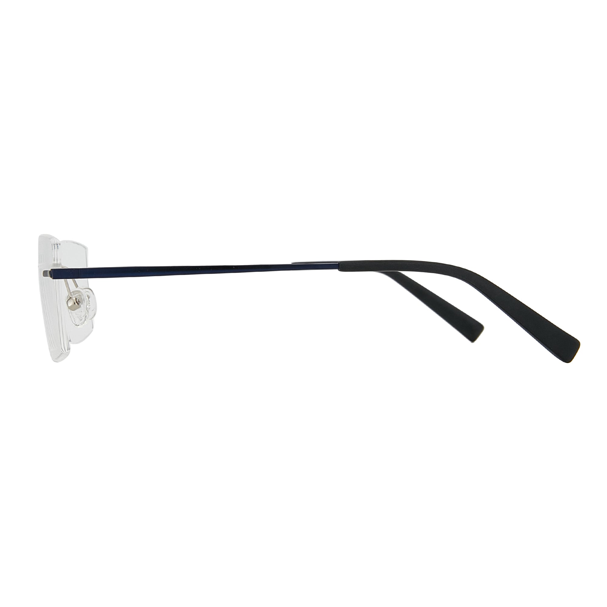 Side view of Zenottic Zayden eyeglasses with a silver metal rimless frame and black temple arms.