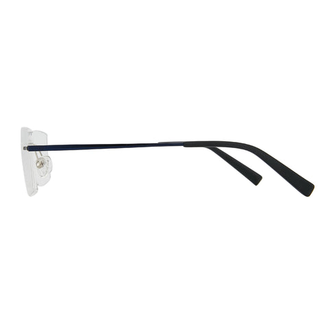 Side view of Zenottic Zayden eyeglasses with a silver metal rimless frame and black temple arms.