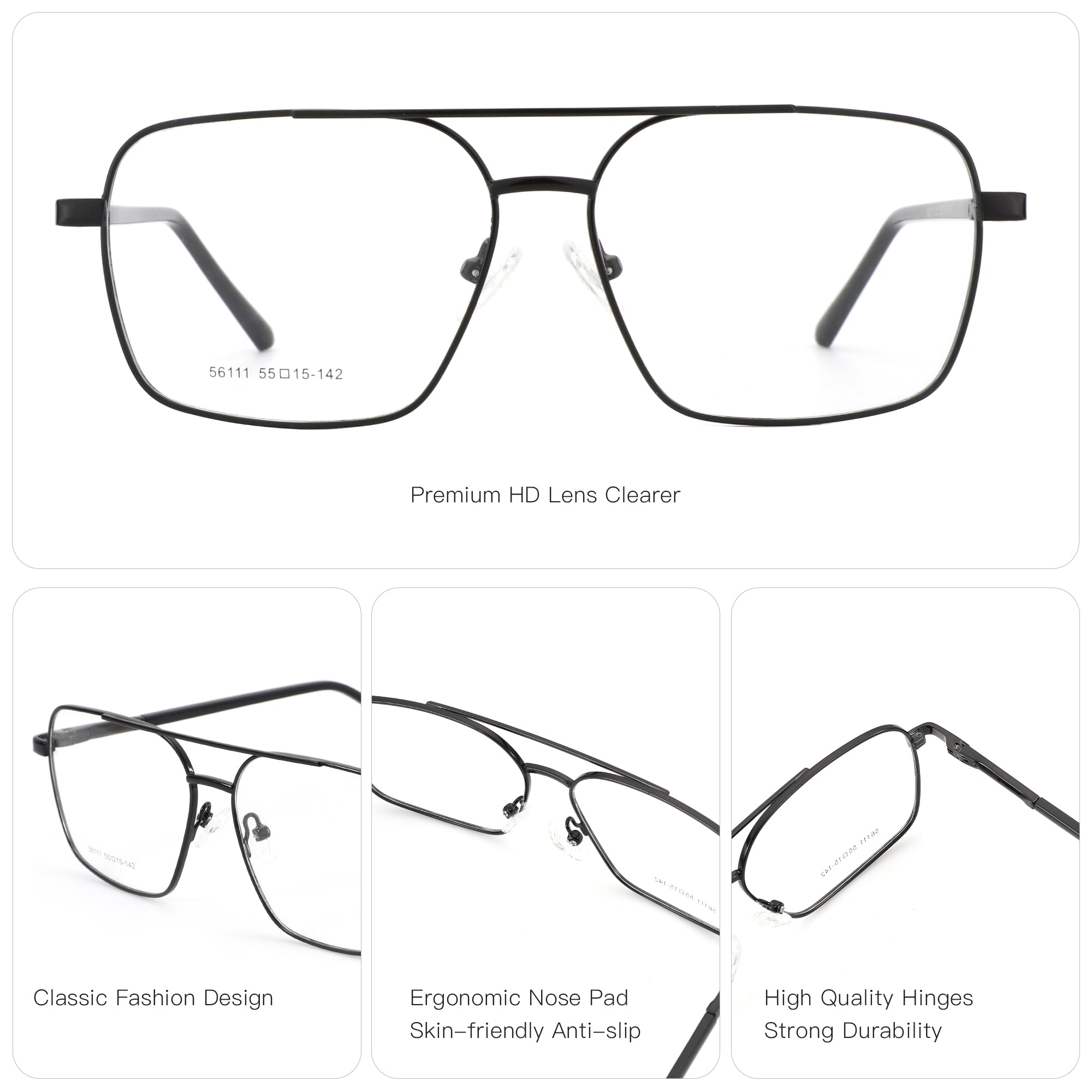 Zenottic Eyeglasses Hunk aviator style black metal frame, model 56111, 55mm lens width.
