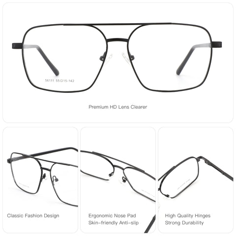 Zenottic Eyeglasses Hunk aviator style black metal frame, model 56111, 55mm lens width.
