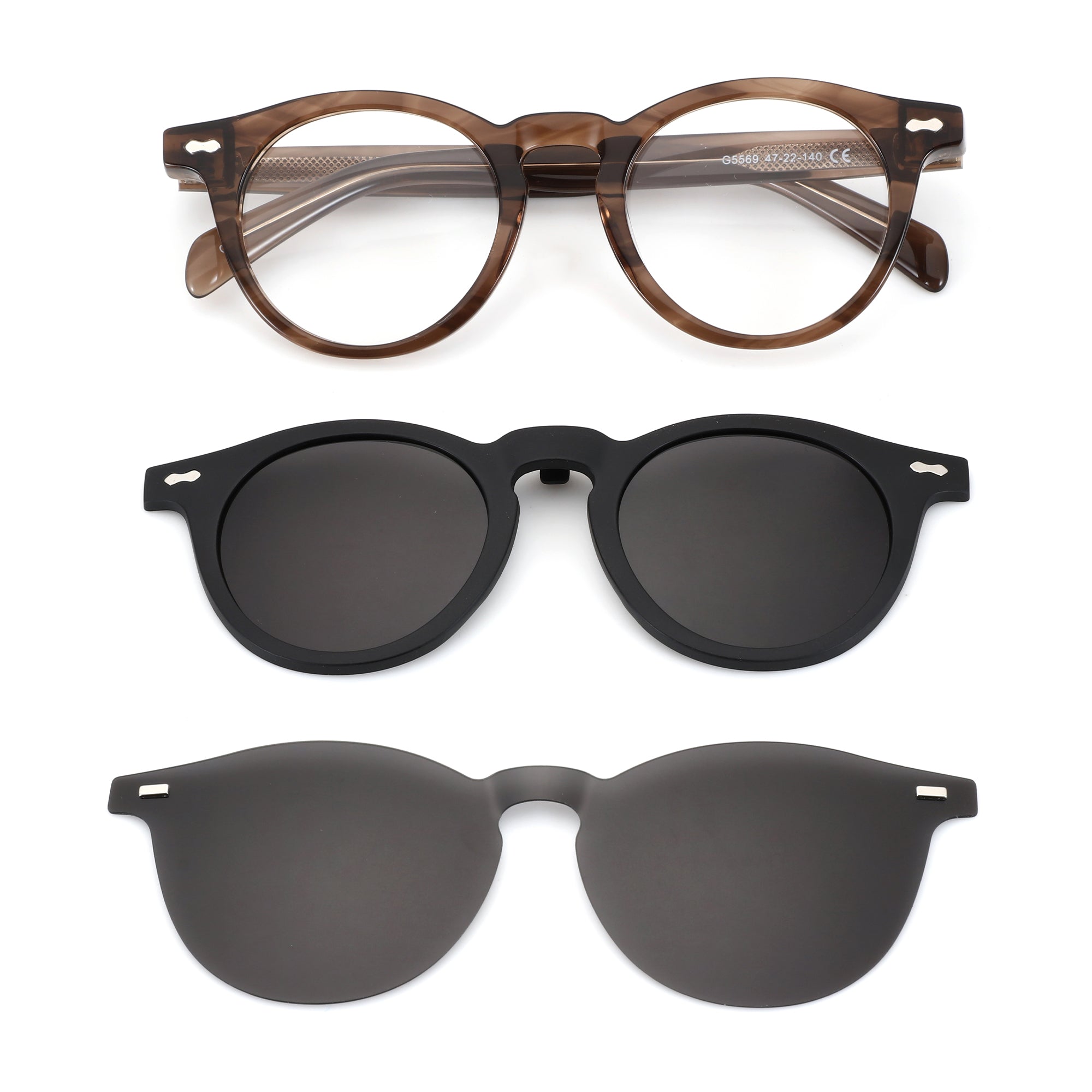Zenottic Penny round eyeglasses with brown frame, black sunglasses, and gray clip-on lens.
