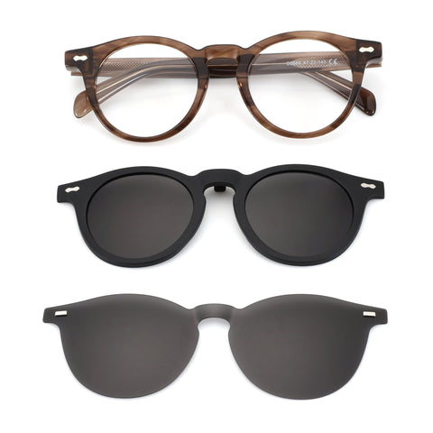 Zenottic Penny round eyeglasses with brown frame, black sunglasses, and gray clip-on lens.