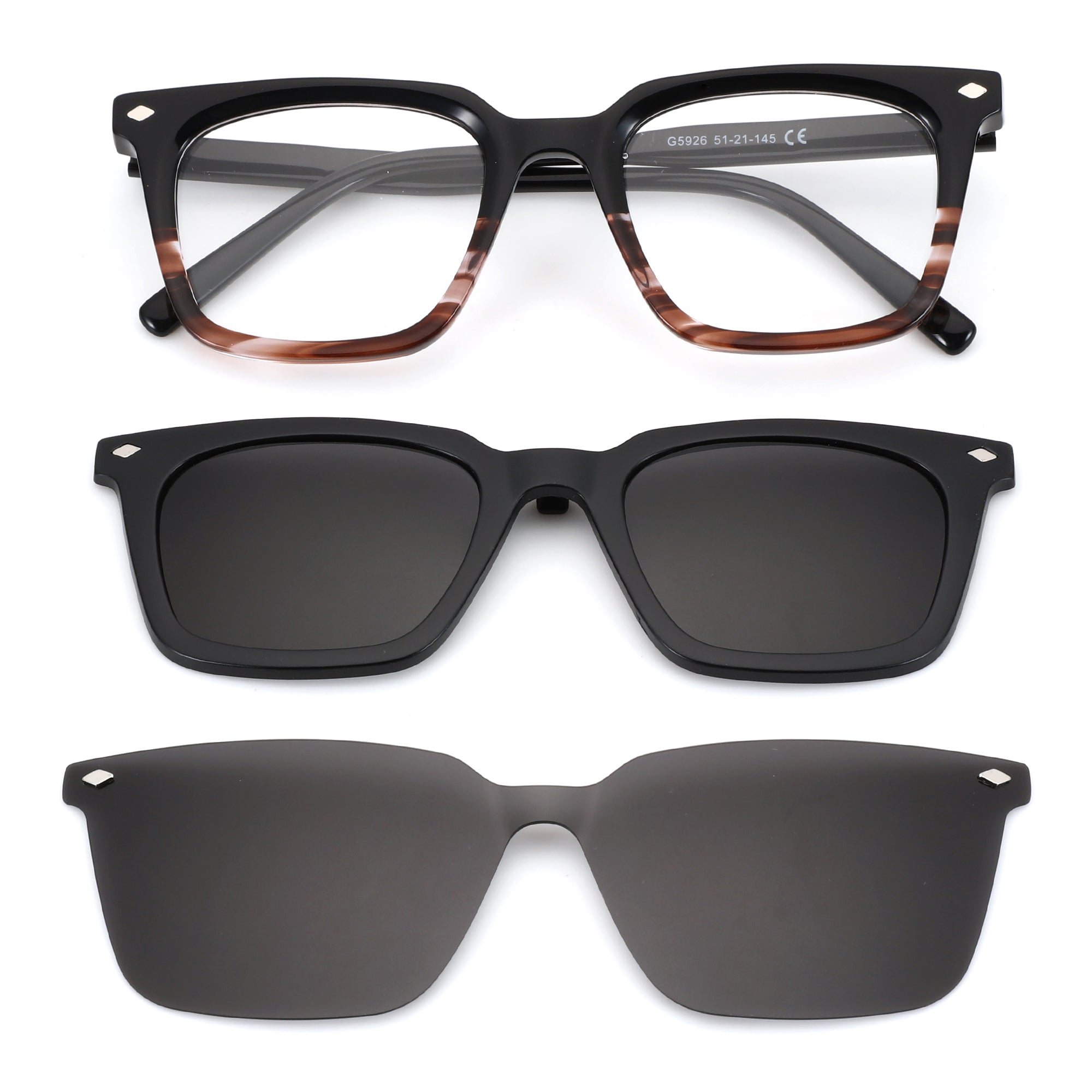 Zenottic Dave square acetate glasses with brown marble rims, clip-on dark lenses, and separate dark lenses.