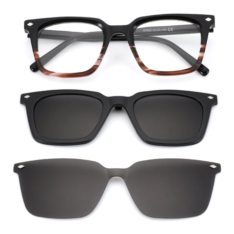 Zenottic Dave square acetate glasses with brown marble rims, clip-on dark lenses, and separate dark lenses.