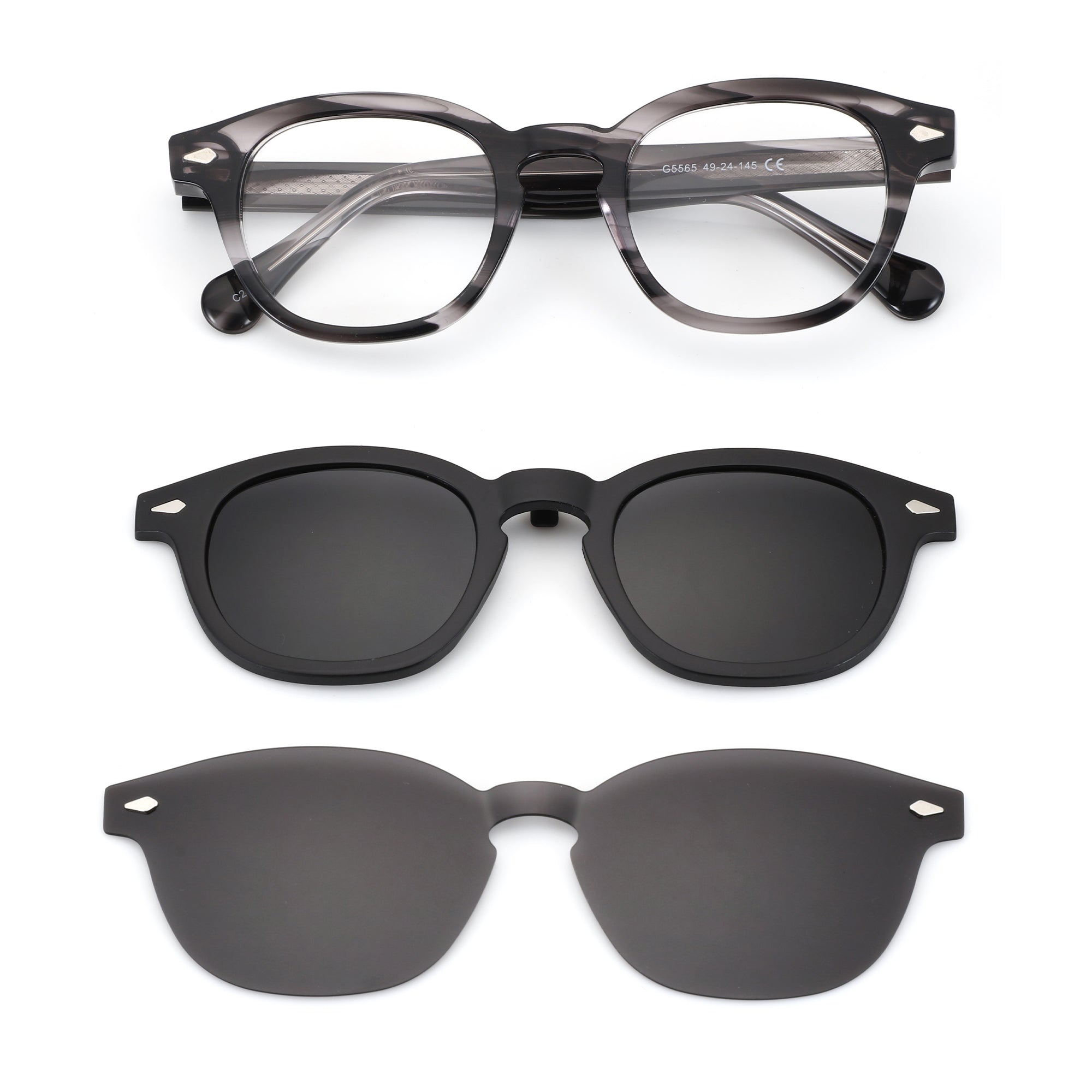Zenottic Mitchell round glasses in grey marble with clear lenses, plus matte black and glossy black clip-on sunglasses.
