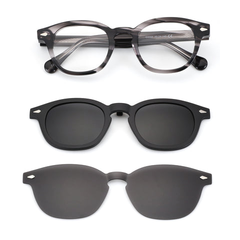 Zenottic Mitchell round glasses in grey marble with clear lenses, plus matte black and glossy black clip-on sunglasses.